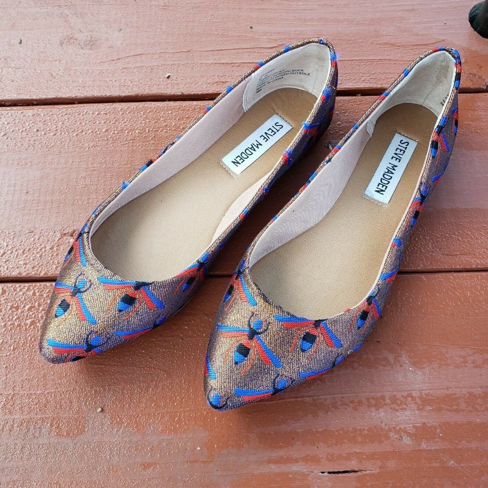 Steve Madden Womens 6.5 Haanna Bug Fly Fabric Red Blue Black Gold Flat Shoe